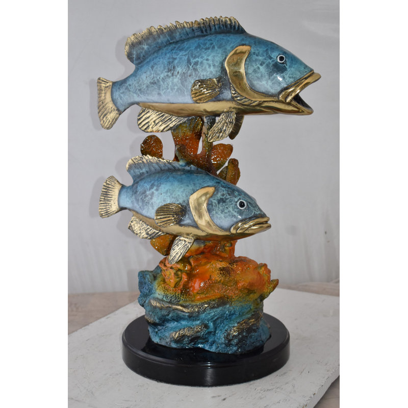 Statue bronze deux poissons nageant dans l'océan Brémer Taille: 18 po x 14 po x H 24 po