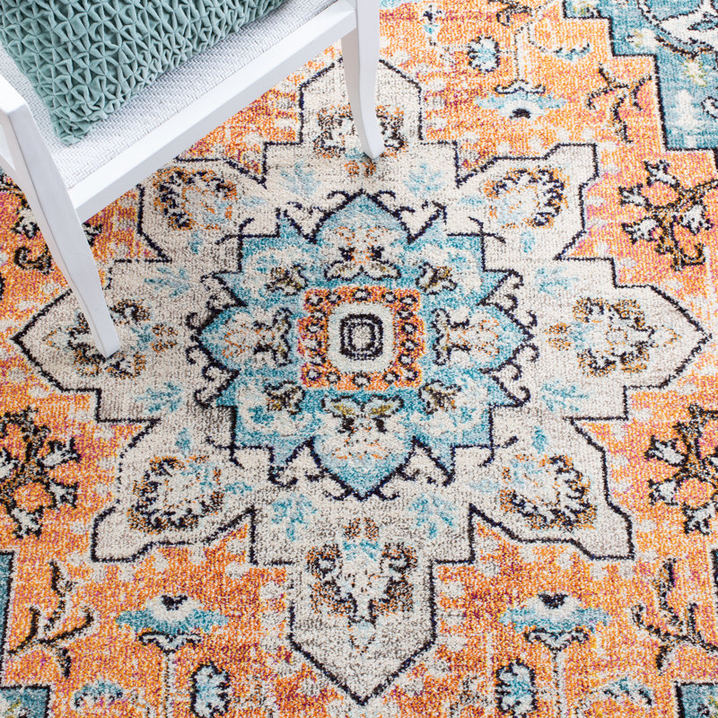 Yedidalga Oriental Orange/Teal Area Rug, Round 8'