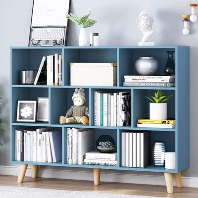 Floor Standing Display Cabinet Rack With Legs – Bright Blue – 3-Tier, 10-Cube Bookshelf