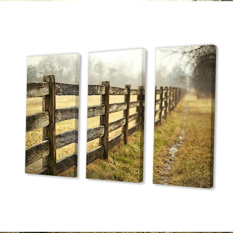 «Brown and Green Farm Landscape Rustic Fence», ensemble d'art mural de ferme, Toile tendue, H 40 po x l 60 po x P 1 po