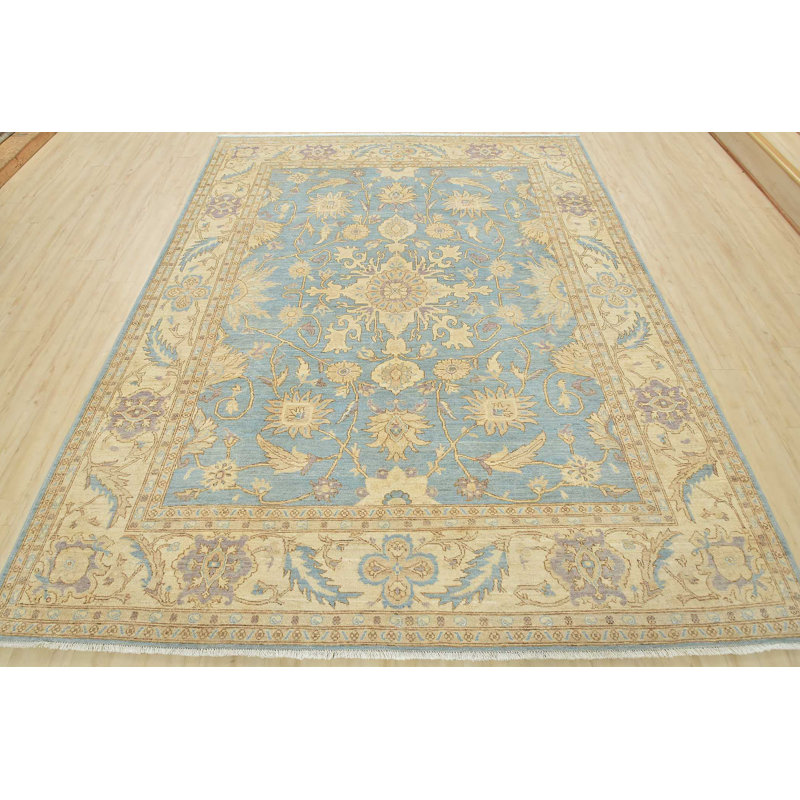 Tapis bleu / beige en laine noué à la main de conception unique 8 pi 2 po x 10 pi 1 po