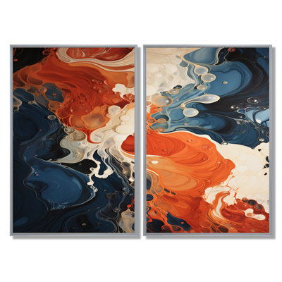 Encre liquide bleue et orange - impressions sur toile abstraites, art mural abstrait bleu, ensemble de 2