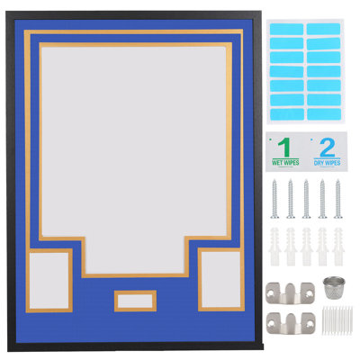 Custom Jersey Frame Display Case with Color Mat, Photo Slots & Signature Display, Wall Mount Shadow Box with Hardware Kit, Top Color: Royal Blue, Base Color: Gold