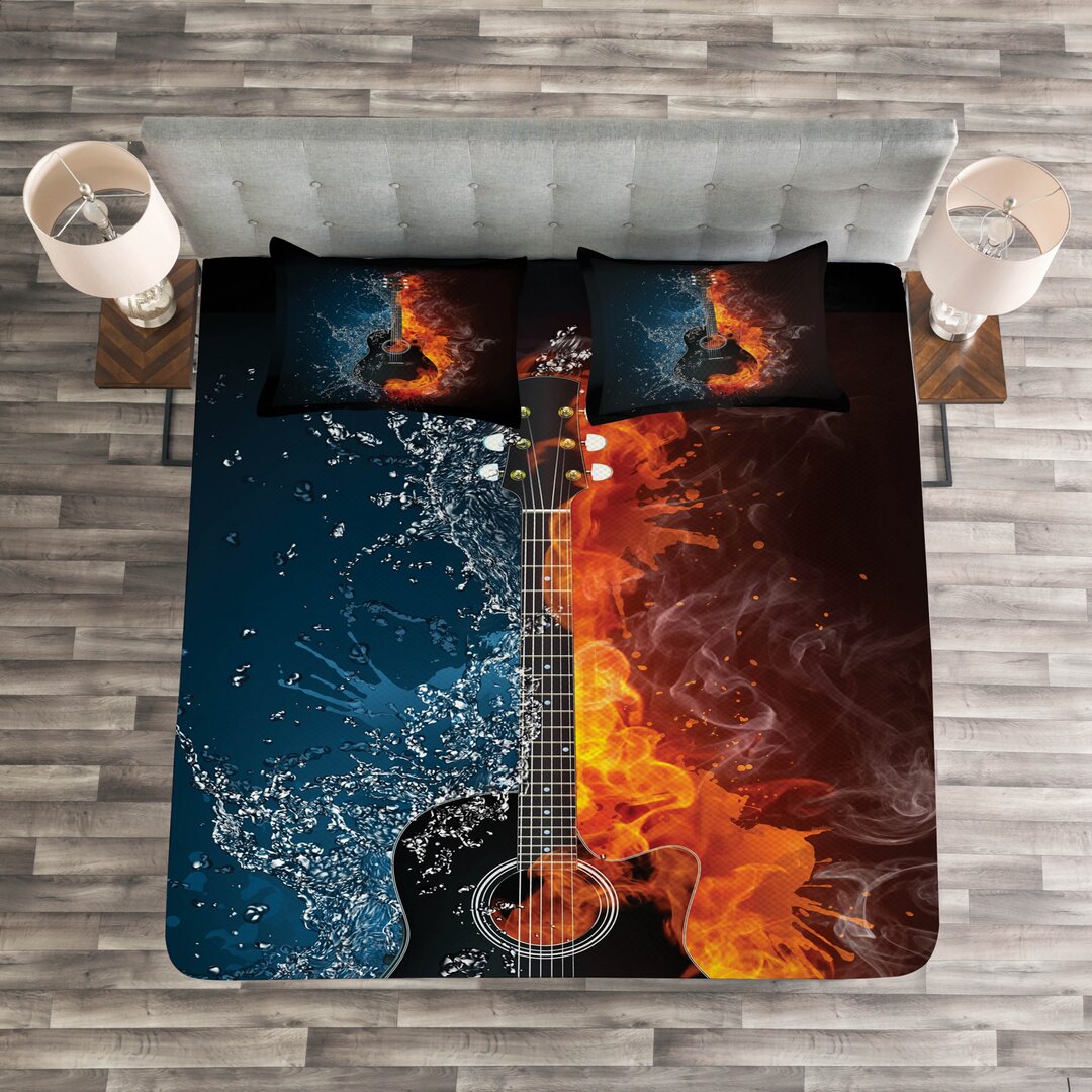 Gestepptes Bettdecken-Set, Wasser und Feuer Effekt Design, Gitarre, Anthrazit grau