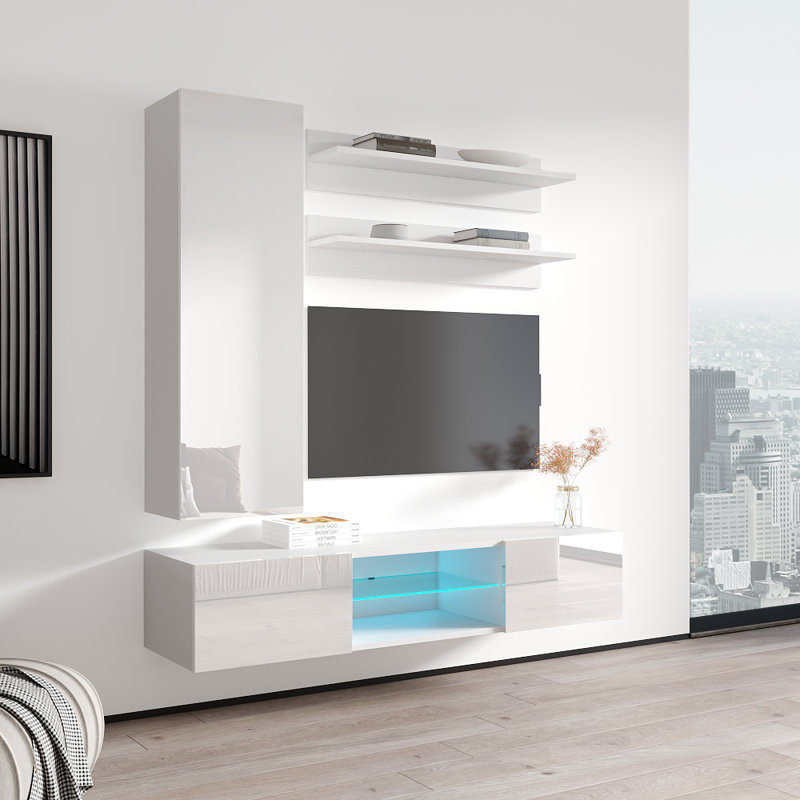 Leung 63" Modern Floating Wall Mounted Entertainment Center with 16-Color LED Lighting, High Gloss Finish, White