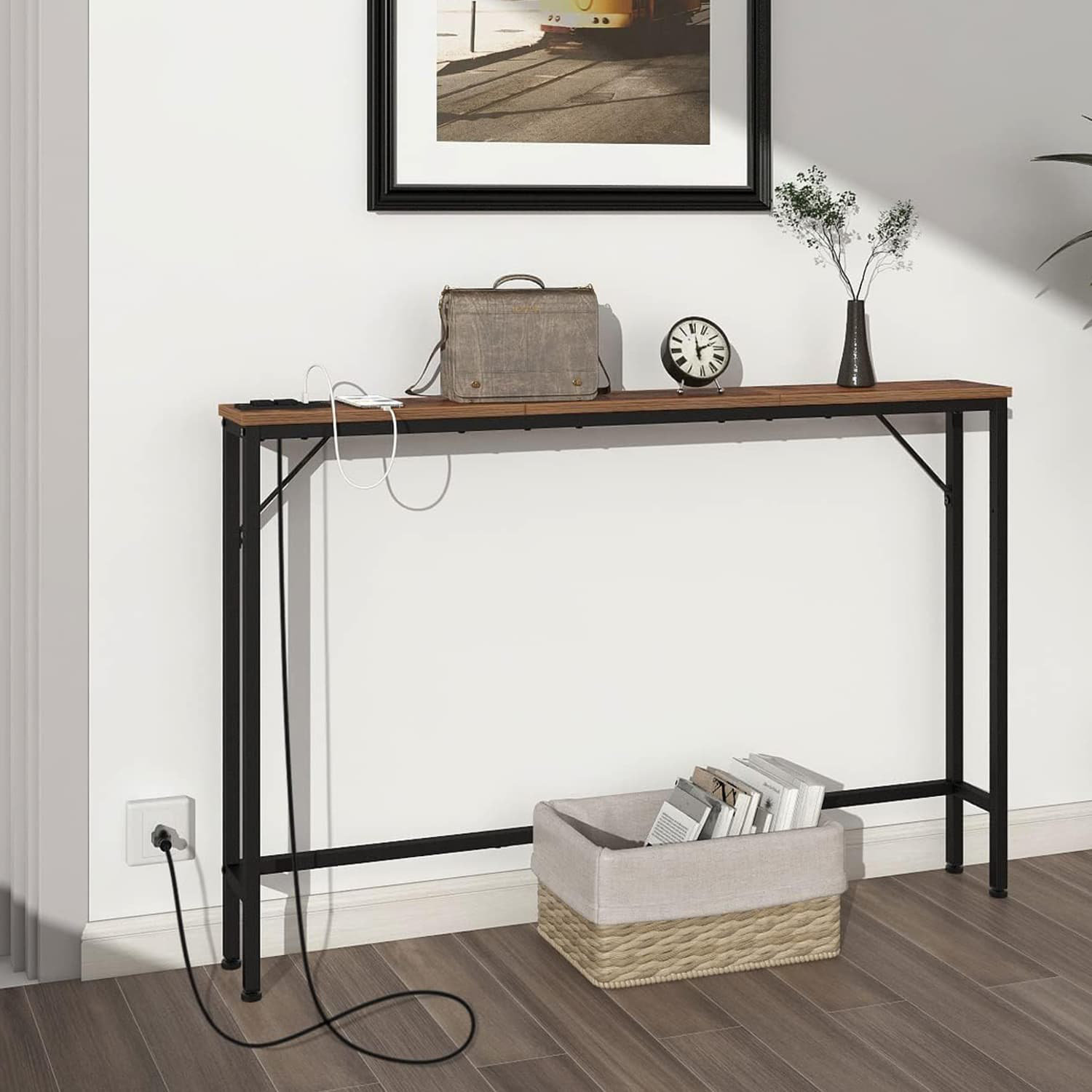 Controll Table Frame 17 Stories Narrow sofa control console table, equipped with power ...