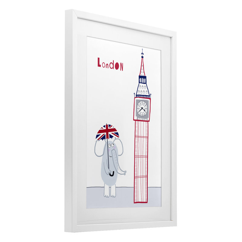«Elephant & Big Ben London», reproduction sous verre encadrée, design par Carla Daly, H 20 po x l 14 po, Cadre noir minuit