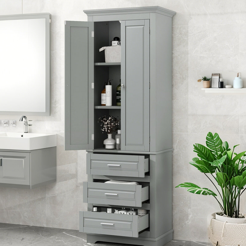 Tall Storage Cabinet With Three Drawers For Bathroom/Office, Gray