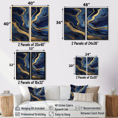 Blue And Gold Abstract Marble Mirage - Abstract Marble Wall Art, Blue Abstract Canvas Print Set Of 2