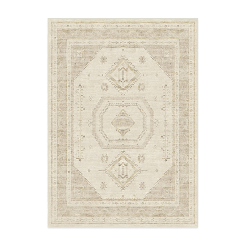 Système de tapis et de coussins lavables 2 pièces ivoire et naturel Shira, Rectangle 5 pi x 7 pi