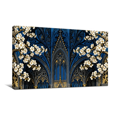 Plantes et fleurs, arche gothique, motif floral or bleu