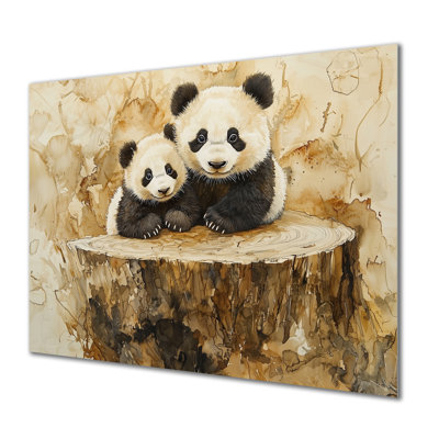 «Vintage Panda Family In The Forest II», impression murale en métal Panda