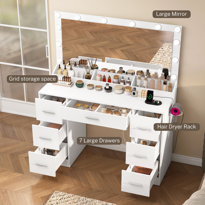 Makeup Vanity with Large Mirror and 7 Drawers, Hairdryer Holder, Vanity Desk with Charging Station, White