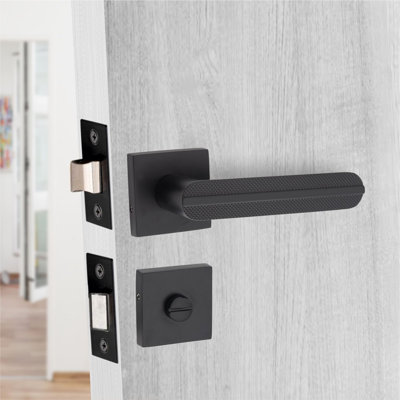 Modern Lima Design Premium Bathroom Door Handles on Square Rose with Dead Bolt, Latch, Ball Hinges and Thumbturn