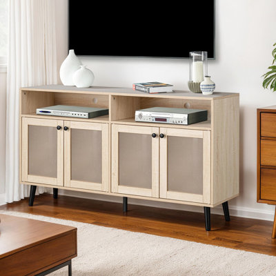 Meuble télé de style Mid-Century moderne avec finition ronde en bois noir et naturel, métal d'ingénierie, pour le salon principal, profondeur de 16 pouces