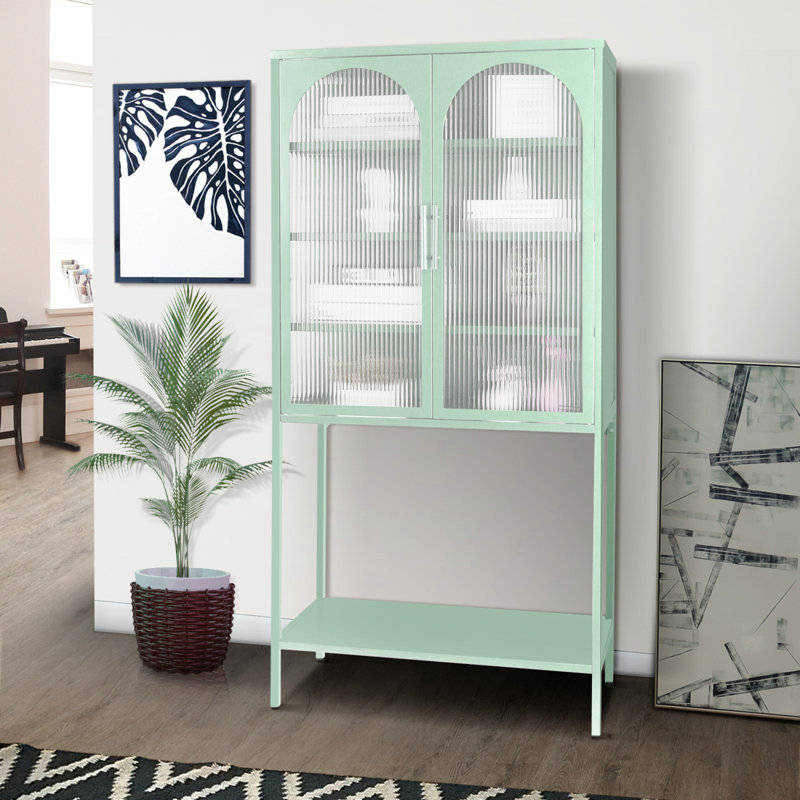 Armoire de salon élégante avec 2 portes arquées en verre et vitrine avec tablettes réglables, Vert menthe