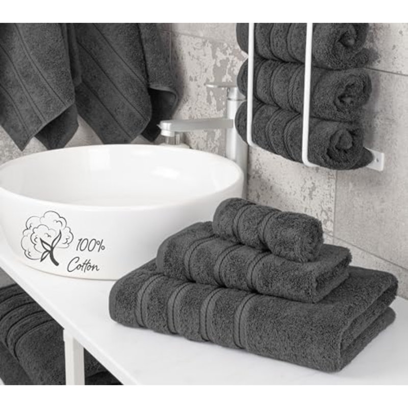 Premium 3 Piece Towel Set, 1 Bath Towel 1 Hand Towel 1 Washcloth, 600 GSM 100% Cotton Turkish Towels For Bathroom, Dark Gray Towel Set