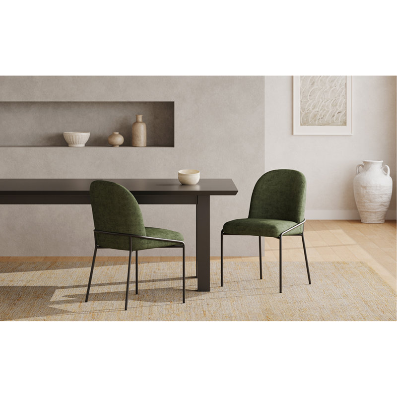 Chaise de salle à manger moderne avec tissu en polyester texturé en lin vert doux, structure en fer de couleur bronze, ensemble de 2, vert