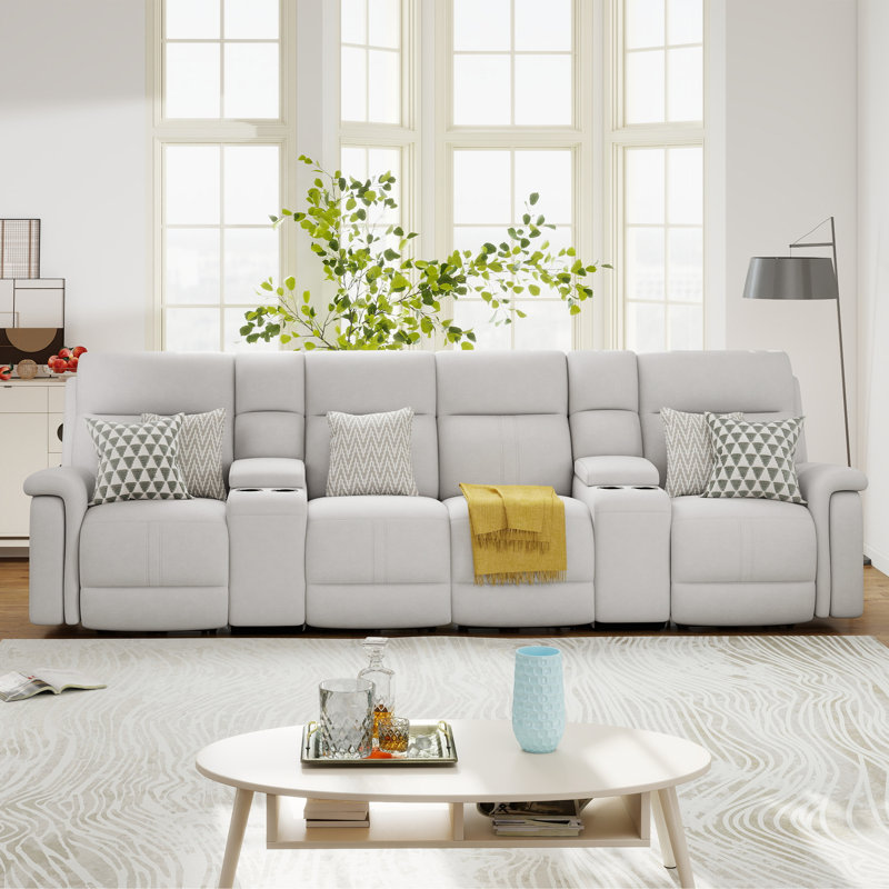 Satori Upholstered 138.6'' Power Reclining Sofa, Silver Polyester Blend