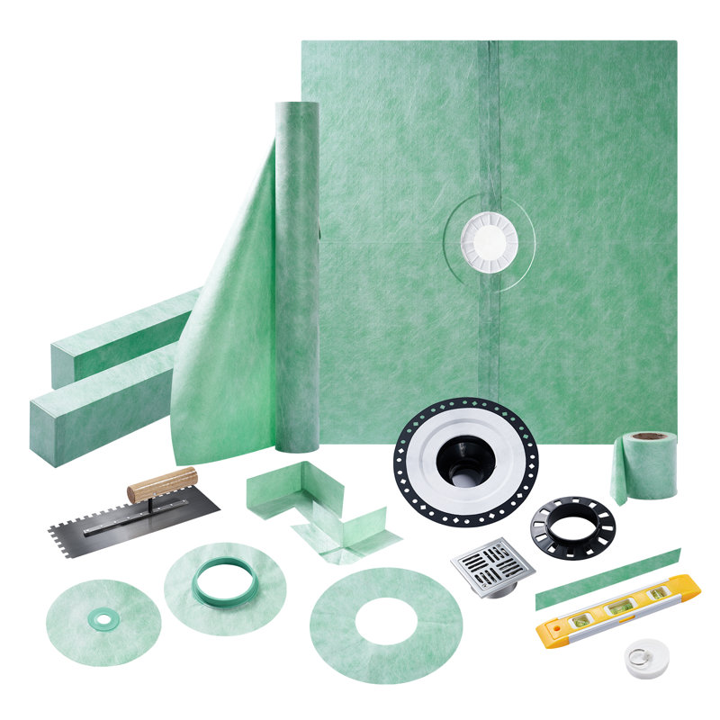 Ensemble de base de douche 72 "x 72" avec membrane, joints, coins, bride de collage, truelle et niveau - drain central, Vert