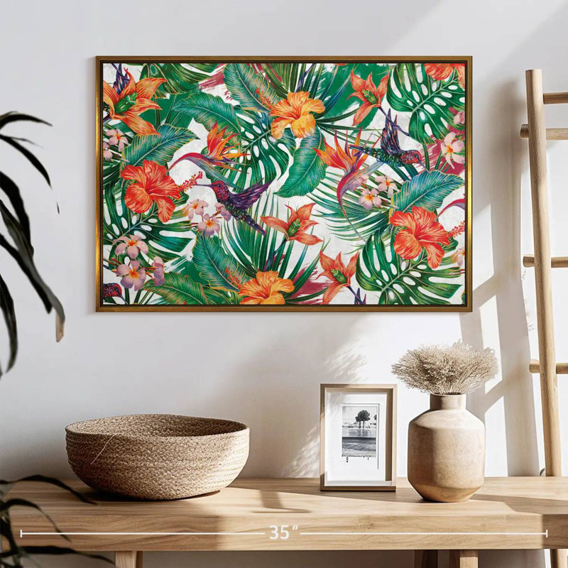 Colibris et fleurs tropicales, Cadre flottant doré, 25 po x 17 po