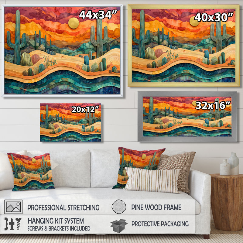 Cactus du désert sur un plateau en bois II - Cactus, art mural, H 16 po x l 32 po, Toile tendue, Ne s’applique pas