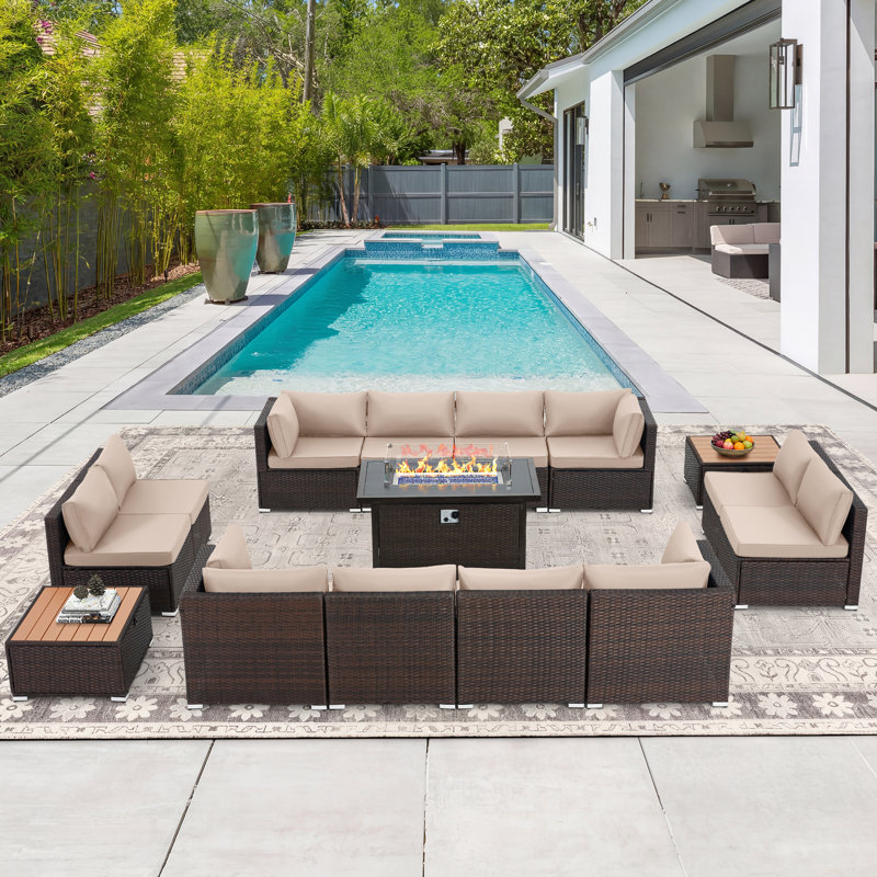 12 - Person Outdoor Wicker Patio Conversation Furniture Set with Fire Pit Table, Khaki