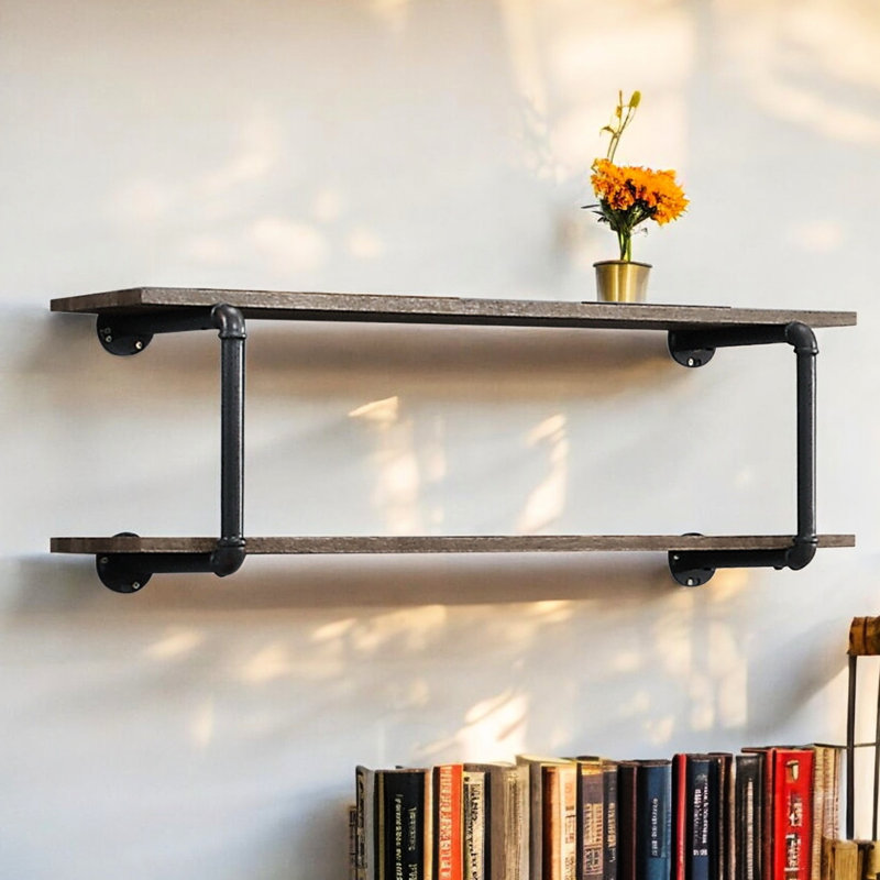 Étagère murale en chêne antique et gris sable - Design, optimisation de l'espace, structure en tubes métalliques, mélange de matériaux chic, installation facile, polyvalente pour la décoration intérieure, rangement et présentation, cadre, style, simple