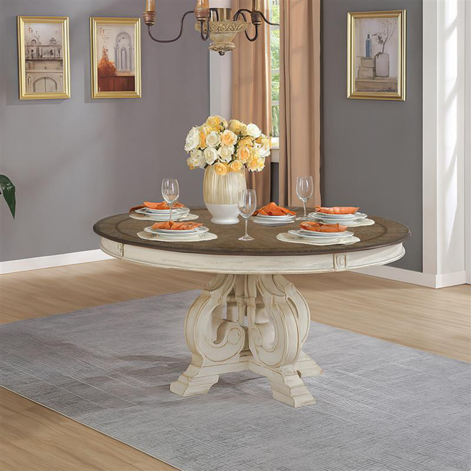 Wildon Home® Round Traditional Pedestal Dining Table In Antique White ...