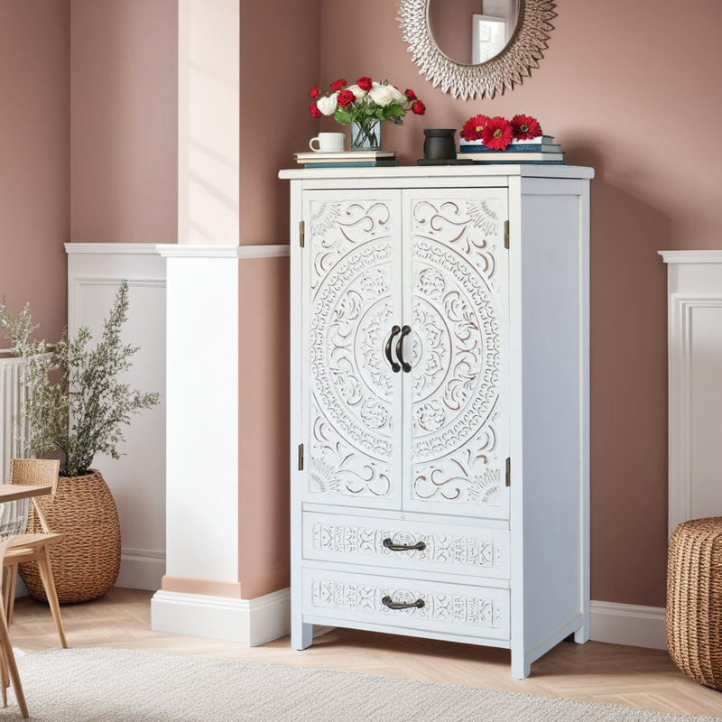 27'' White Accent Tall Storage Cabinet, Tower Sideboard with Drawers & Doors