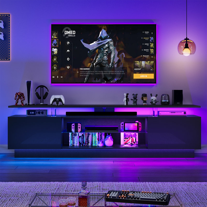 Meuble télé 70 po pour téléviseur de 80 po ou moins, console multimédia moderne avec lumière DEL RVB et station de charge intégrée, grand espace de rangement