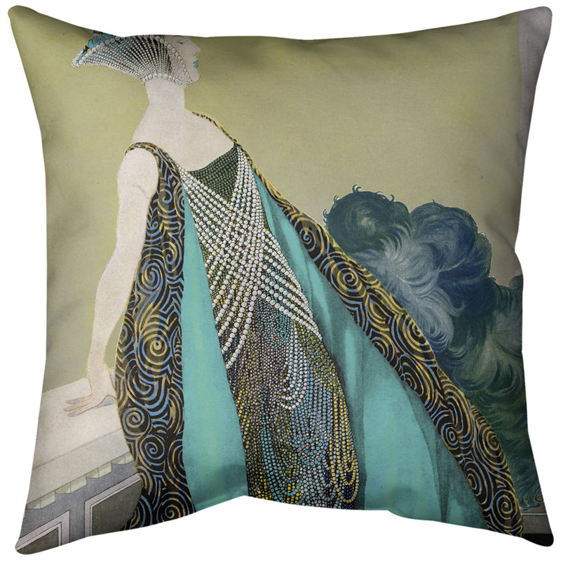 Insert de coussin décoratif en femme "art nouveau", 18 po x 18 po, Jaune / bleu sarcelle, Bourre en polyester
