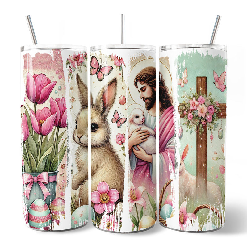 Gobelet rose 20 oz avec couvercle et paille en acier inoxydable, coup de pinceau de Pâques