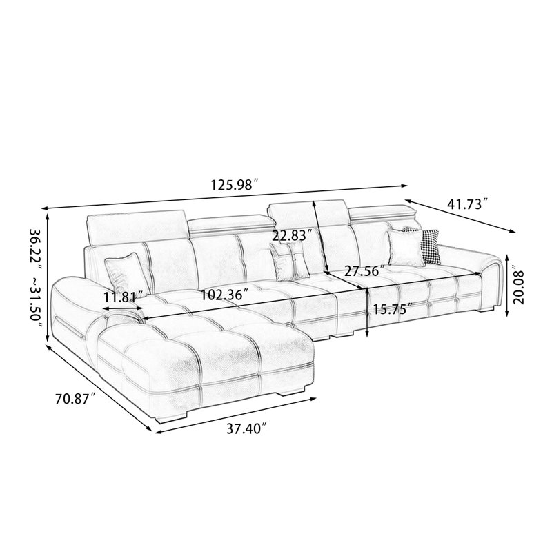 Canapé modulaire 3 pièces rembourré, Gris, H 36,22 po x l 125,98 po x P 41,73 po, Face à la gauche