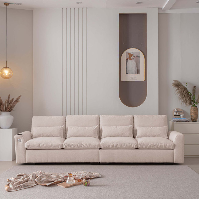 Canapé modulaire moderne en L en chenille avec repose-pieds réversible, rangement, coussins lavables, ports USB et porte-gobelet pour le salon