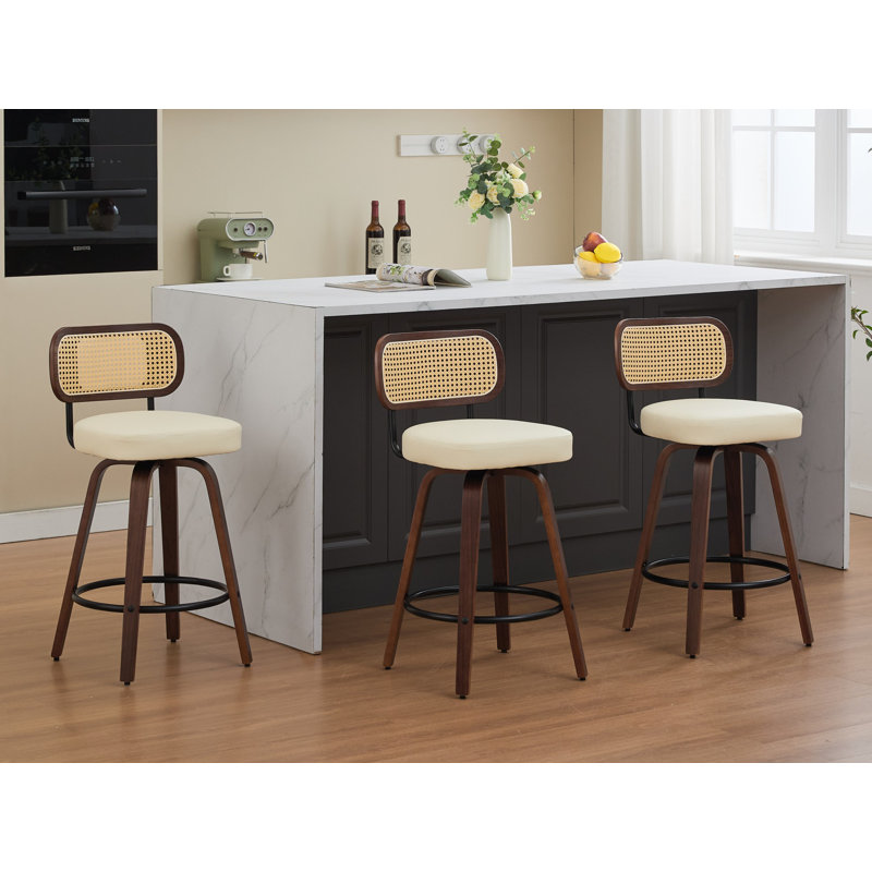 (Set Of 3)26" W Swivel Sturdy Wood Frame With Thick Upholstered And Pu Leather Bar Stools, With Rattan Lowback And Footstool Barstools