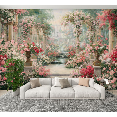 Spring Garden Peel and Stick Wallpaper Serene Watercolor Garden Cascading Floral Wall Murals 100"H x 144"W Removable PVC Wall Paper Self-Adhesive Wall Decor for Bedroom Living Room Home Office