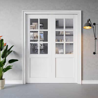 Interior 6‑Lite Clear Glass Door, CARB P2 MDF & SGCC Tempered Glass Double Pocket Doors, with Strengthen Solid Frame & Hardware Kit, Sliding Bedroom Door, Pre‑Finished & Waterproof, for Pantry, Bedroom, Bathroom & Closet, Easy DIY Stain, 48"x 80"