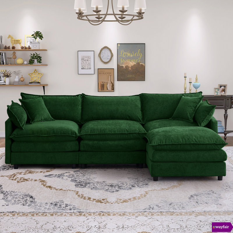 Bodhild Boneless Avrilynn 105" Modular Chenille Sectional Couch 3 Seater with Ottoman, Green Chenille
