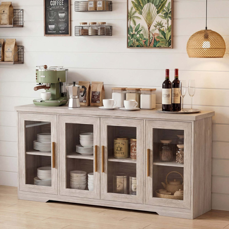 Buffet moderne de 66 po avec portes en verre et tablettes réglables, Gris