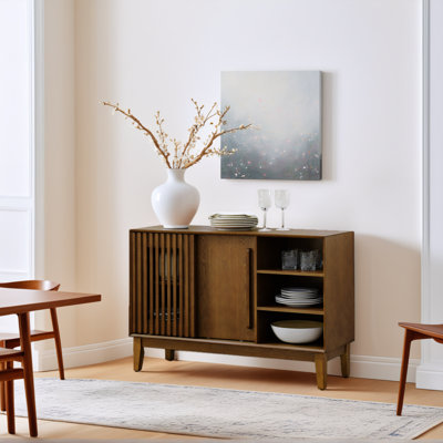 Buffet 47 po et console média - armoire cannelée 2 portes avec pieds en bois massif