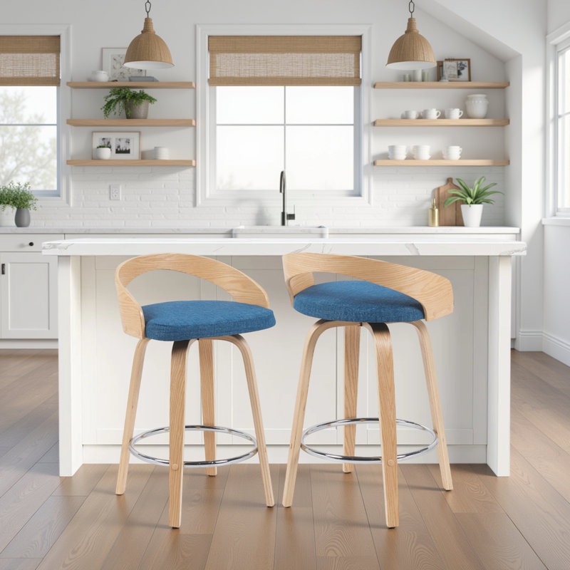 Maxime Modern Swivel Bar or Counter Stool with Upholstered Seat and Curved Wood Back, Black, 1, Bar Stool (30" Seat Height)