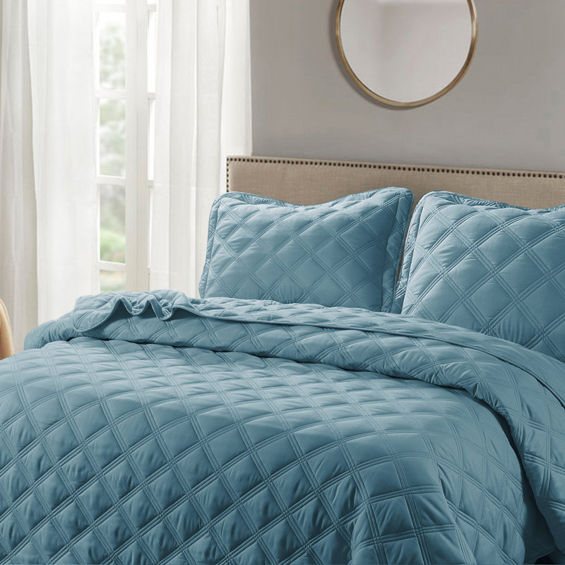 3 Piece Charleston Down Alternative Quilts Set, Smoke Blue, King Coverlet + 2 Twin Shams