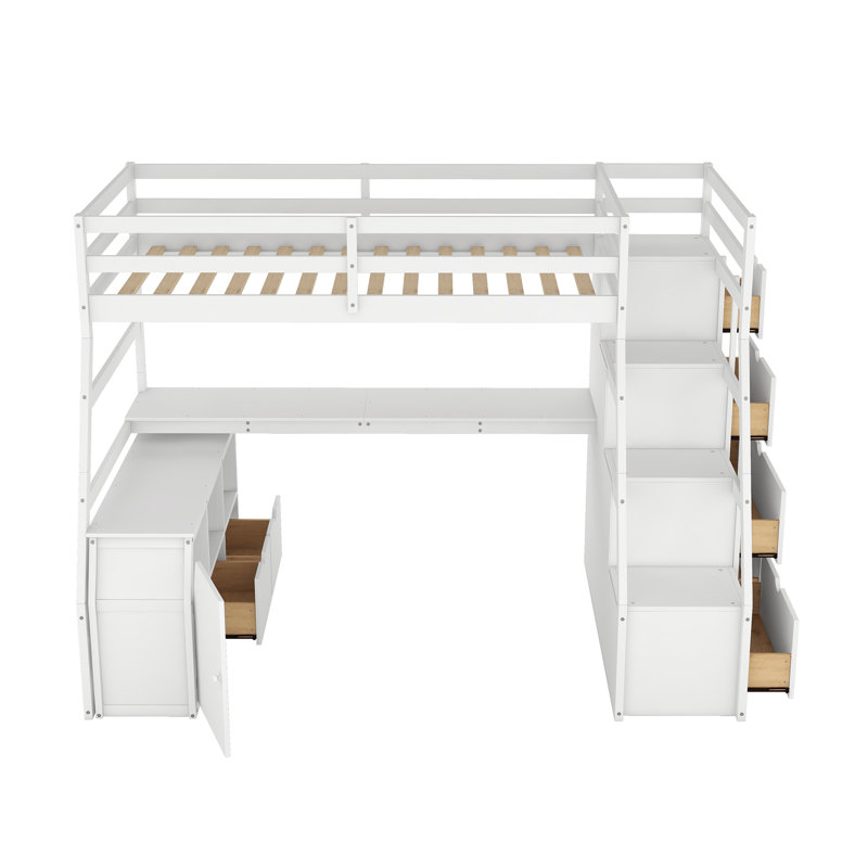 Lit mezzanine avec bureau, 7 tiroirs et 2 tablettes, Lit simple, Blanc