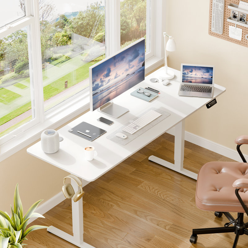 Electric Adjustable Height Standing Desk, White / White, 46.5" H x 63" W x 23.6" D