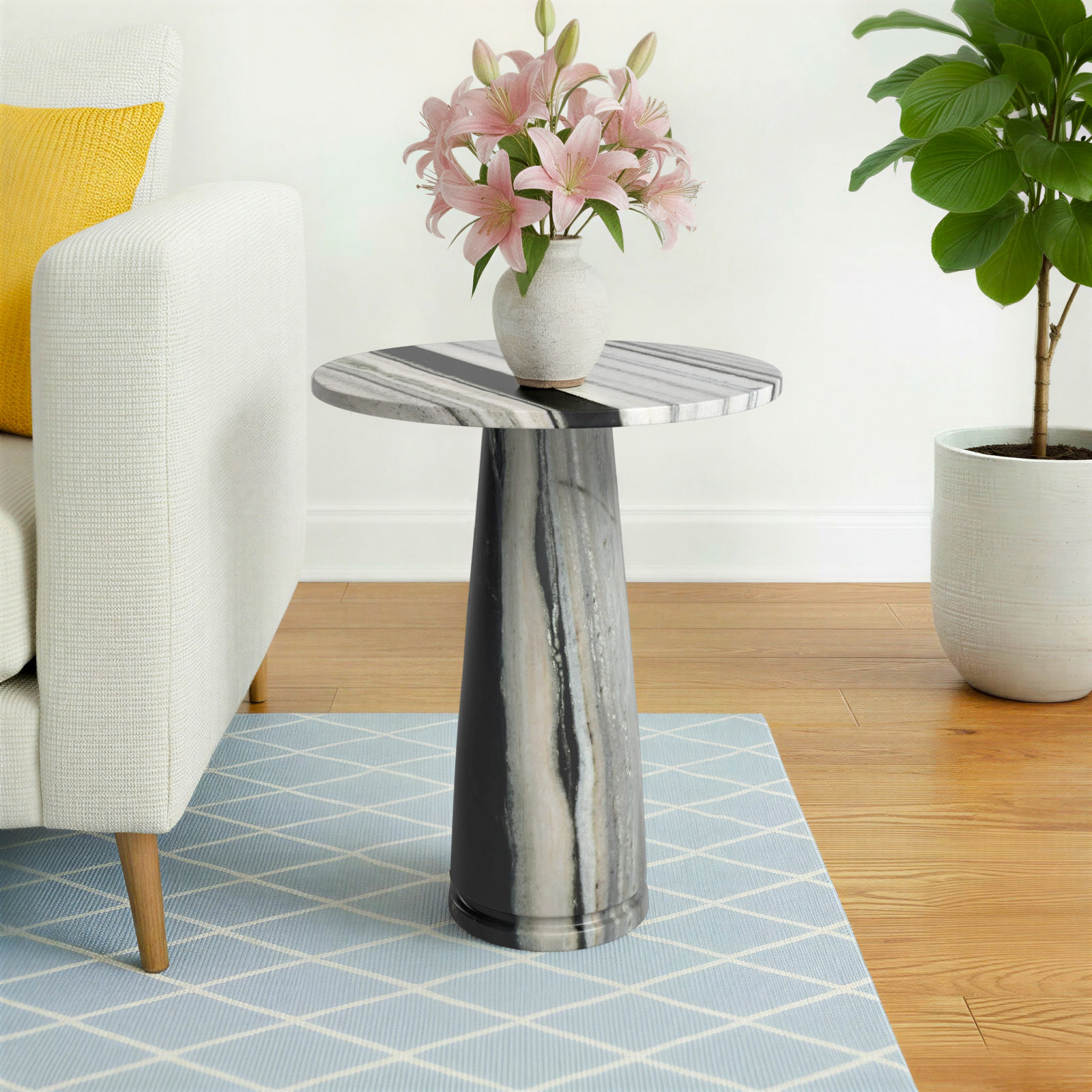 Alysson 21" Genuine Marble End Table, White/Black