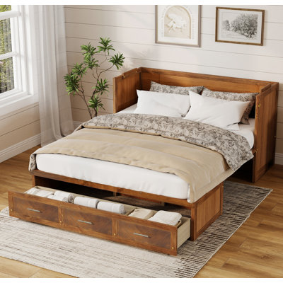 Grand lit escamotable, armoire-lit en bois de pin avec station de charge USB intégrée et panneau de décoration géométrique, noyer