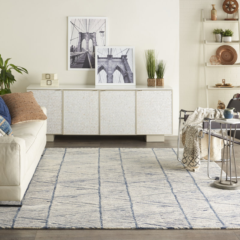Beva Geometric Handmade White/Blue Area Rug, Rectangle 236 x 297cm