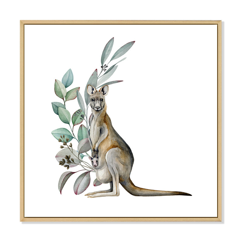 Kangourou avec feuilles d'eucalyptus - Peinture sur toile, H 30 po x l 30 po x P 1 po, Cadre flottant en érable
