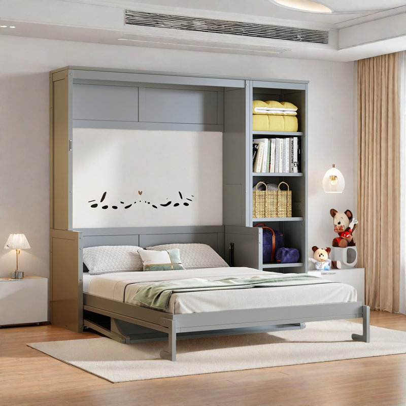 Lit escamotable avec bureau et tablettes Murphy, Gris, Lit double